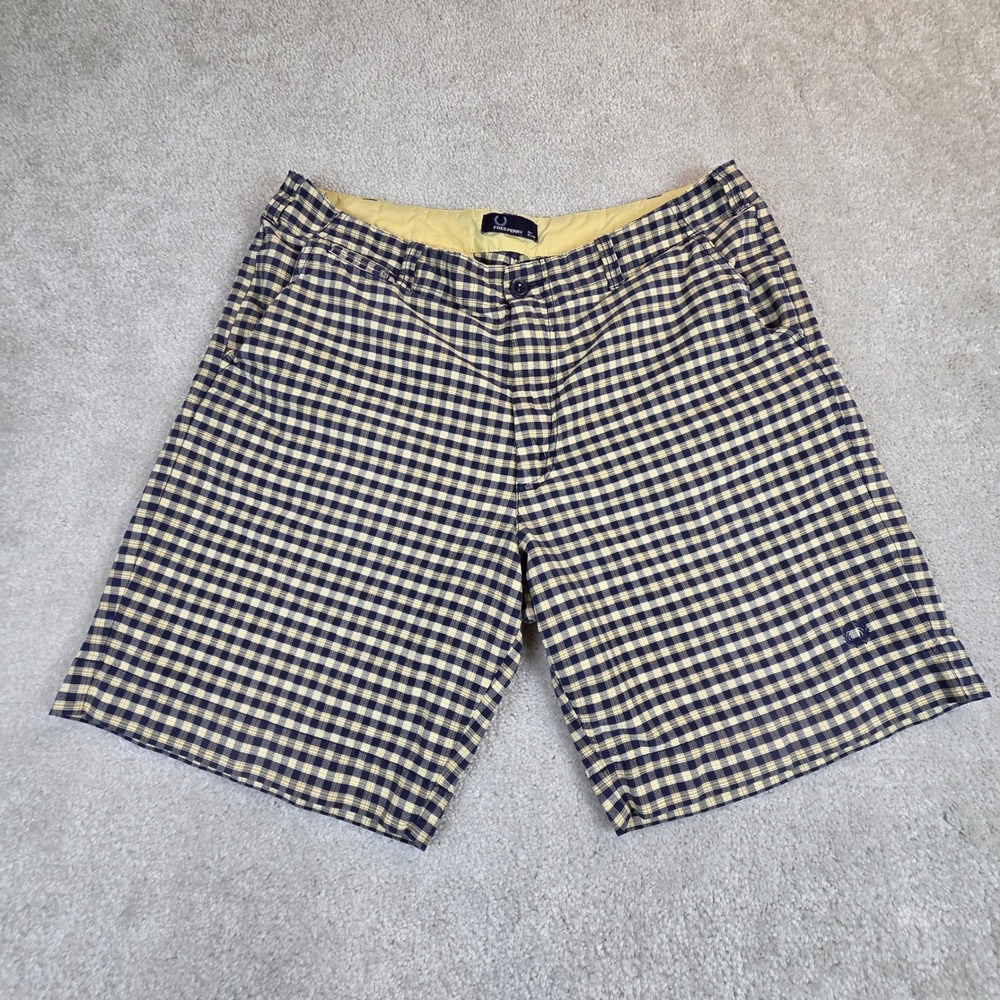 VTG Fred Perry Mens Gingham Check Chino Shorts Navy Yellow Laurel Wreath Size 36